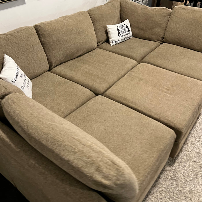 Beige Modular Six Piece Sectional Couch with Storage Ottoman