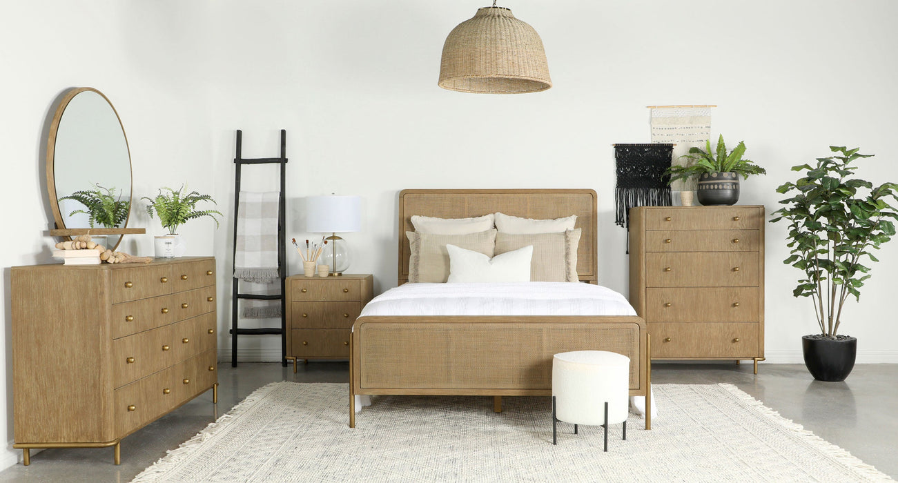 Arini Upholstered  Panel Bed Sand Wash and Natural Cane