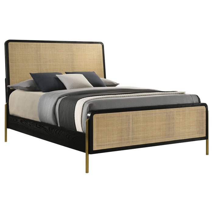 Arini  Bed with Woven Rattan Headboard Black and Natural