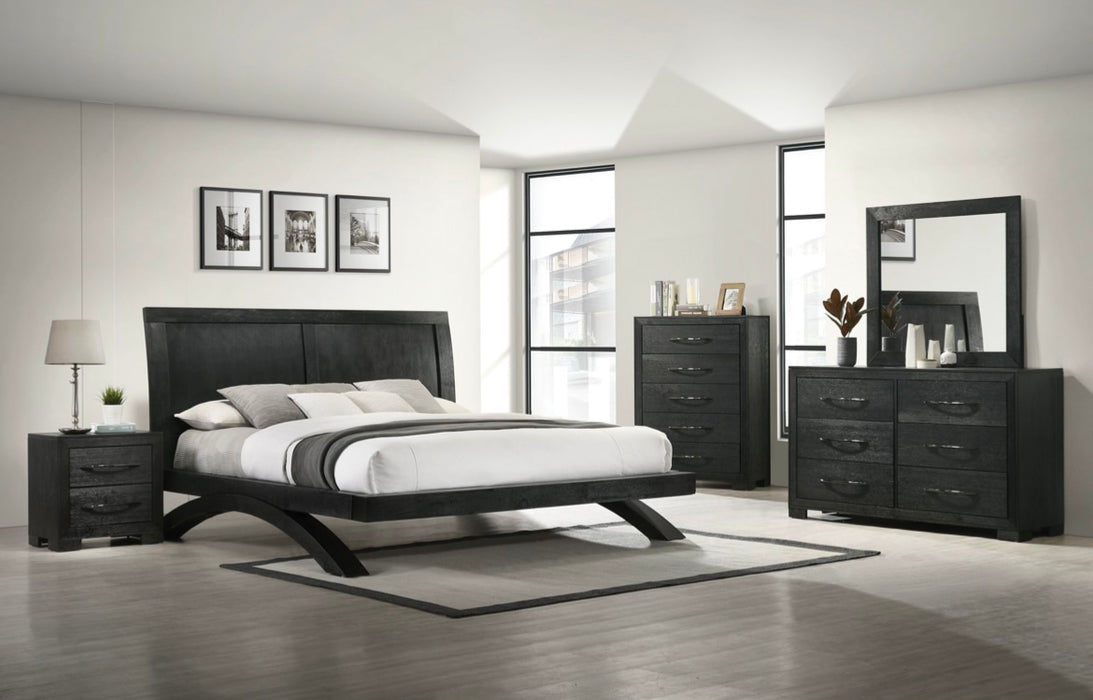 Modern Black Wood Grain Finish Bed frame with Dresser, Mirror, Chest, and Nightstand