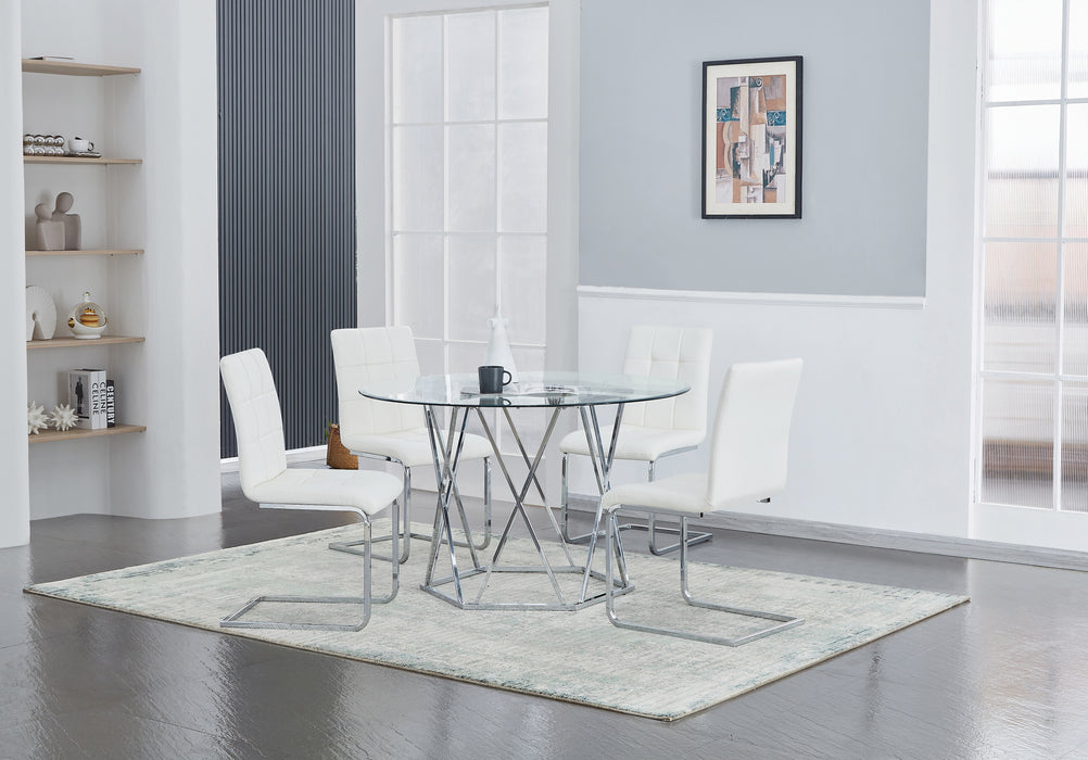 Modern Round Glass Table with White C Frame Design Chairs