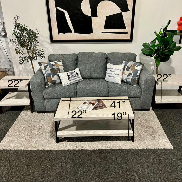 Contemporary Coffee Table and Side Table Set in Two Tone Stone Woodgrain Top