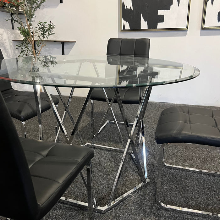 Modern Round Glass Dining Table Set with Black Chairs