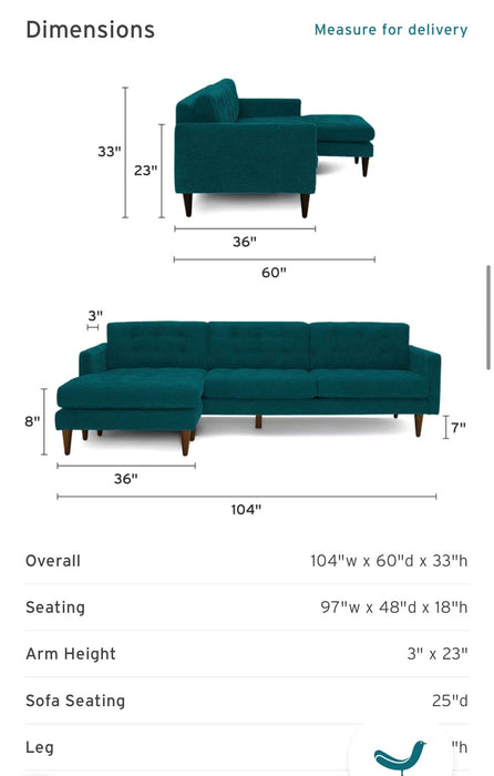 Joybird Tufted Gray Sectional Couch with Reversible Chaise