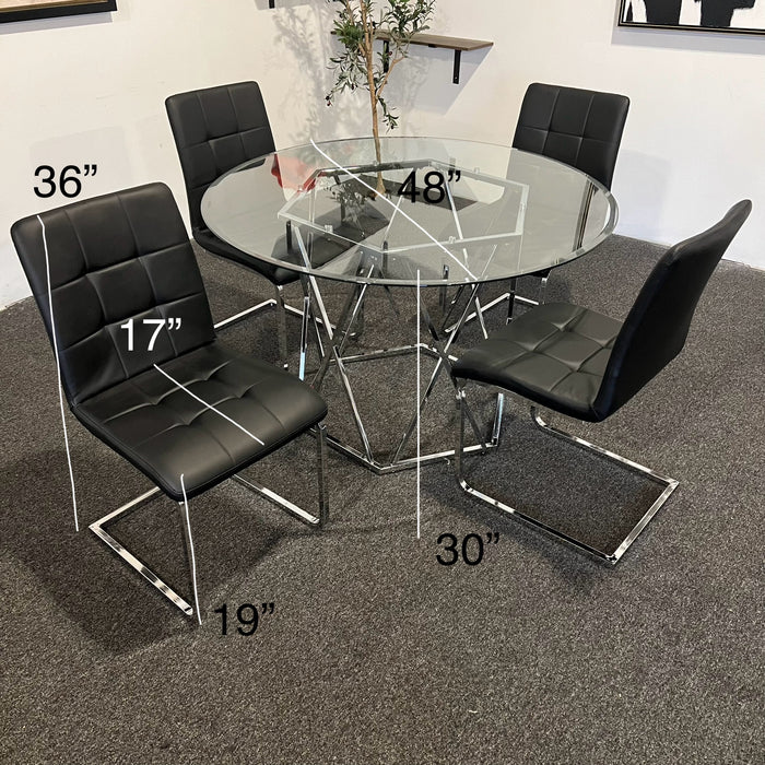 Modern Round Glass Dining Table Set with Black Chairs