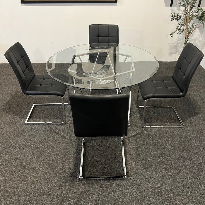 Modern Round Glass Dining Table Set with Black Chairs