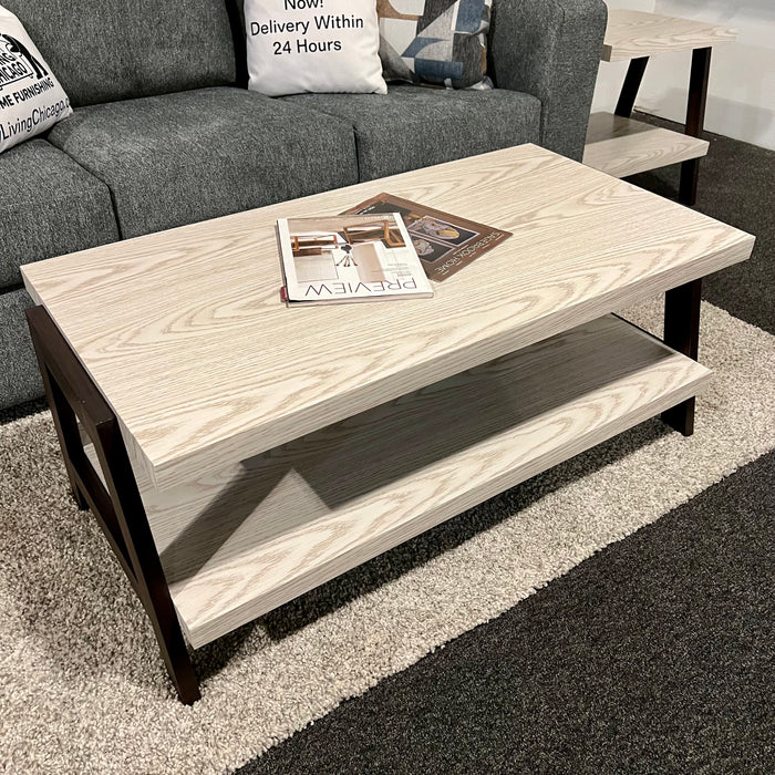 Contemporary Coffee Table and Side Table Set in Two Tone Stone Woodgrain Top