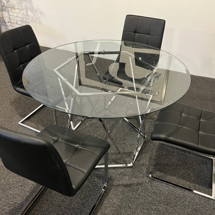 Modern Round Glass Dining Table Set with Black Chairs