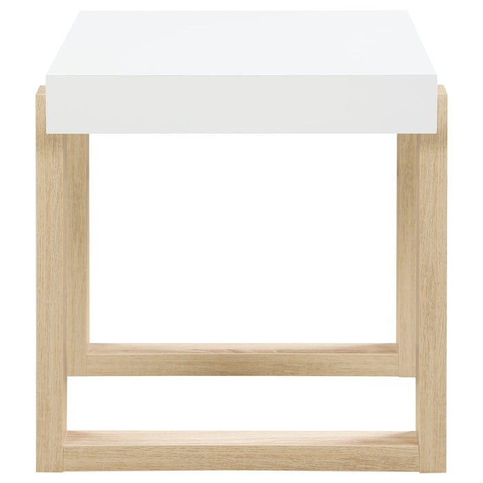 Pala Rectangular End Table with Sled Base White High Gloss and Natural