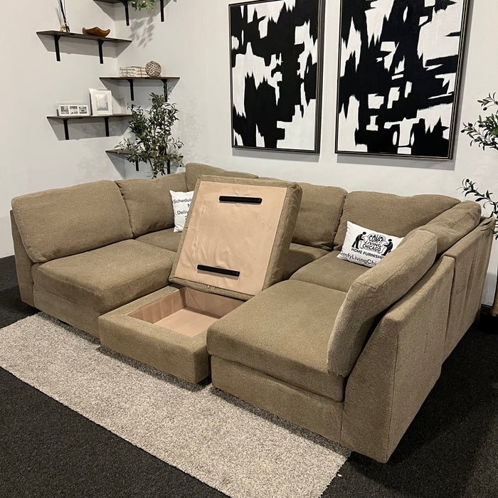 Beige Modular Six Piece Sectional Couch with Storage Ottoman