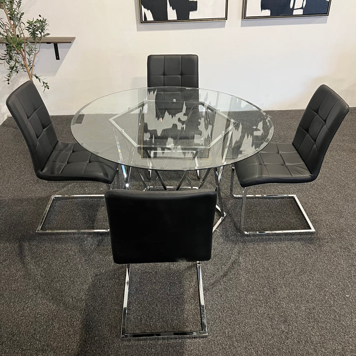 Modern Round Glass Dining Table Set with Black Chairs