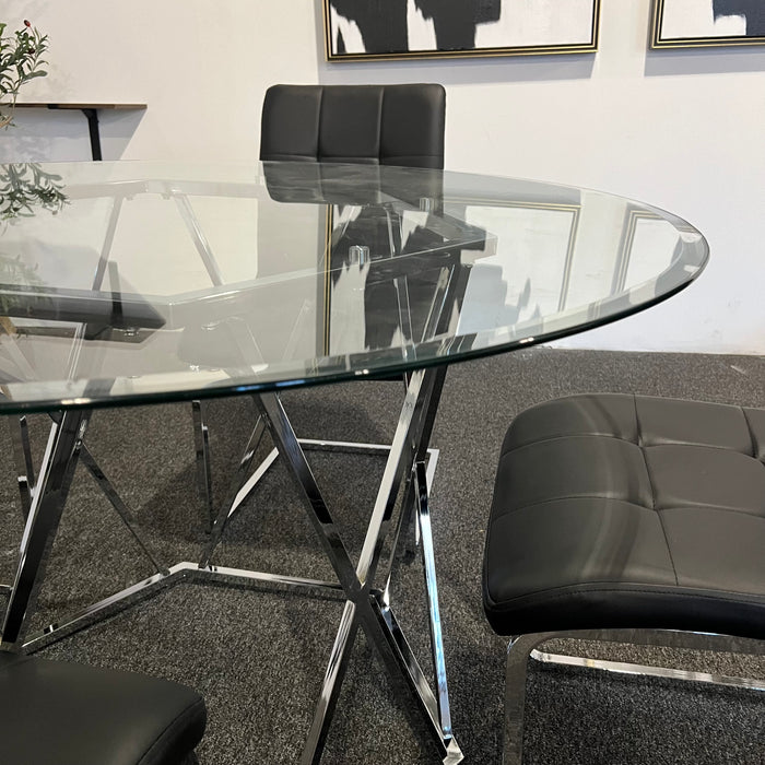 Modern Round Glass Dining Table Set with Black Chairs