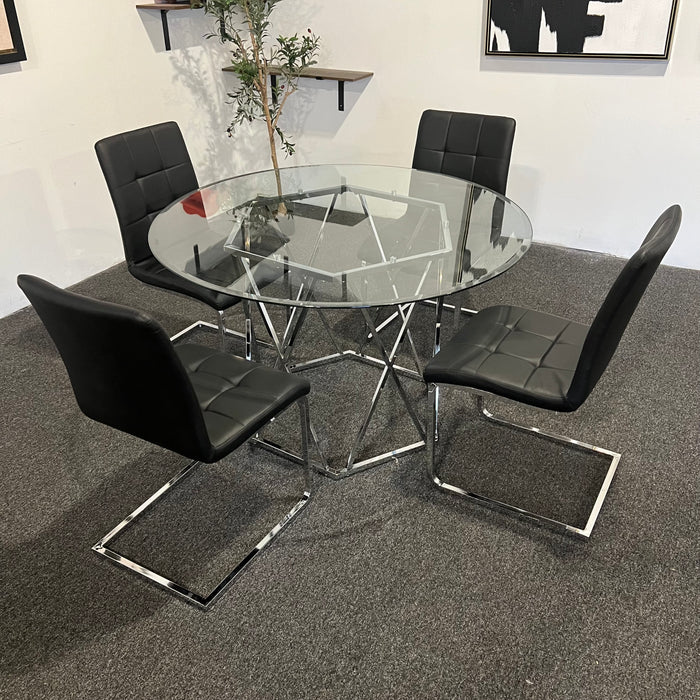 Modern Round Glass Dining Table Set with Black Chairs