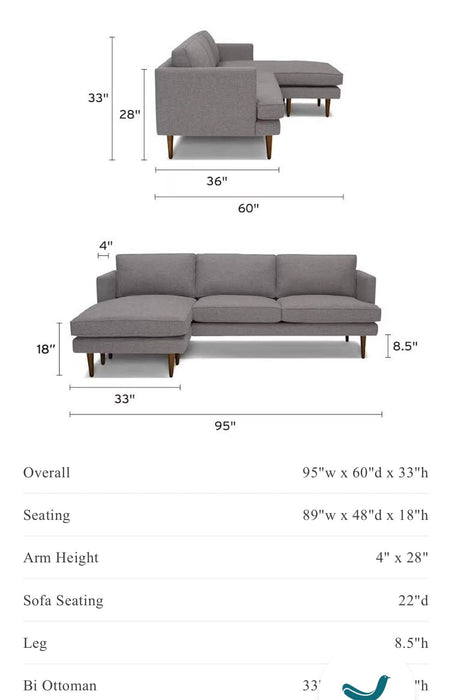 Joybird Gray Sectional Couch with Reversible Chaise