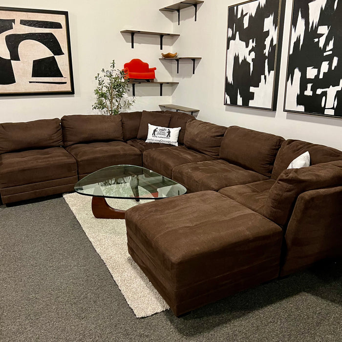 Large Thomasville Brown 7 Piece Modular Sectional Couch with Ottoman