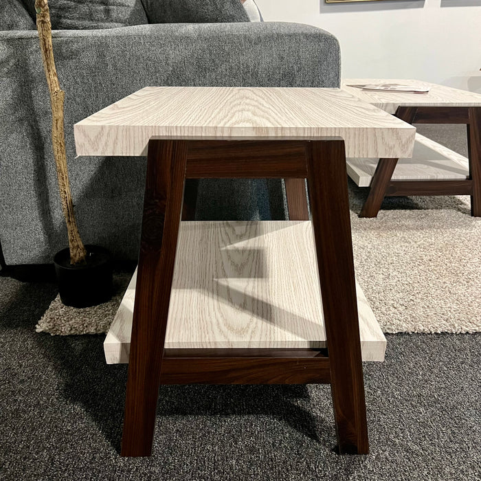 Contemporary Coffee Table and Side Table Set in Two Tone Stone Woodgrain Top