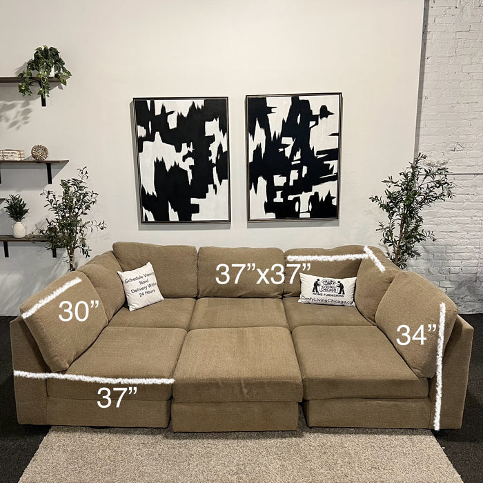 Beige Modular Six Piece Sectional Couch with Storage Ottoman